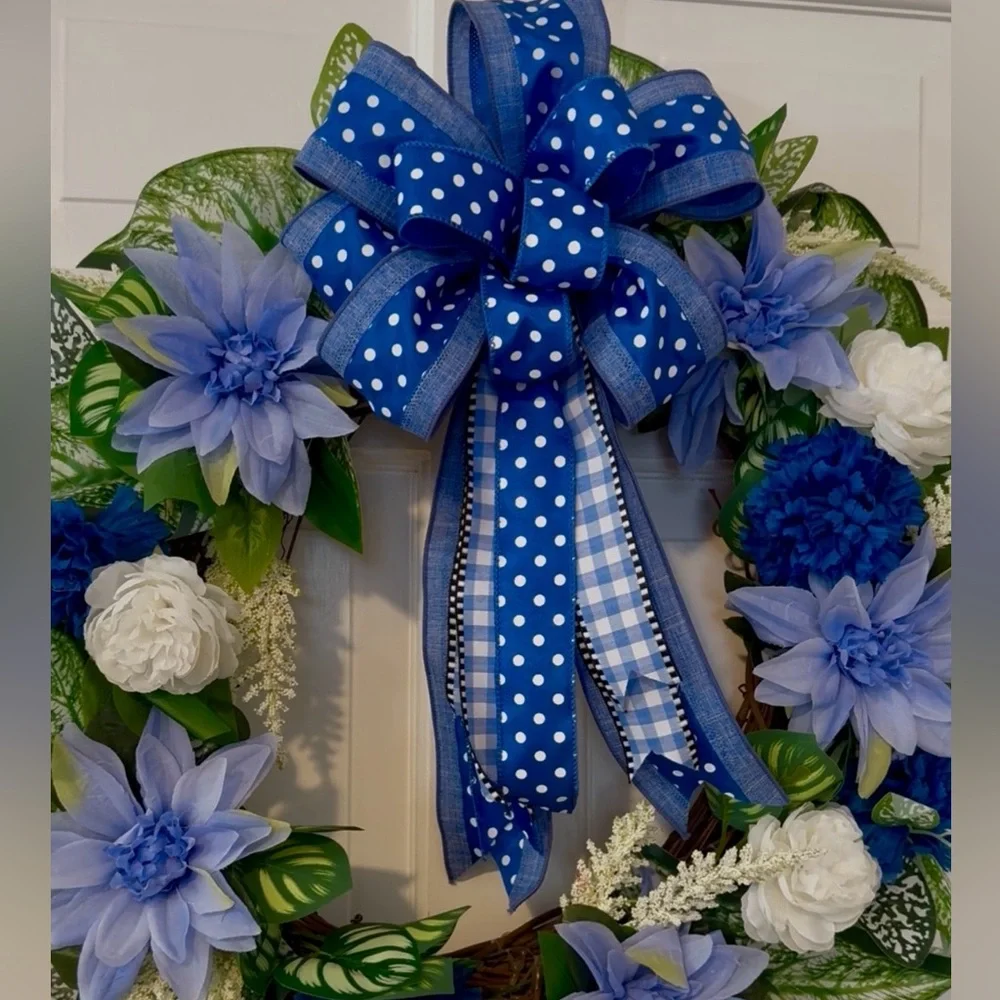 Blue and White Polka Dot Holiday Wreath